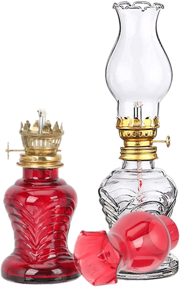 LIFKOME 2pcs Retro Kerosene Lamps Vintage Glass Oil Lanterns with Large Chamber, Red and Outdoor Indoor Emergency Lighting Accessories