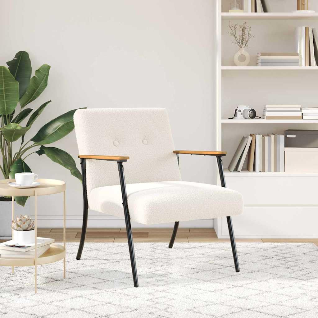 Fotel kremowy z kręconego materiału przypominającego wełnę ze stalowymi nogami, ergonomiczny fotel do salonu, sypialni, biura, relaksująca pozycja siedząca i wygodne podłokietniki