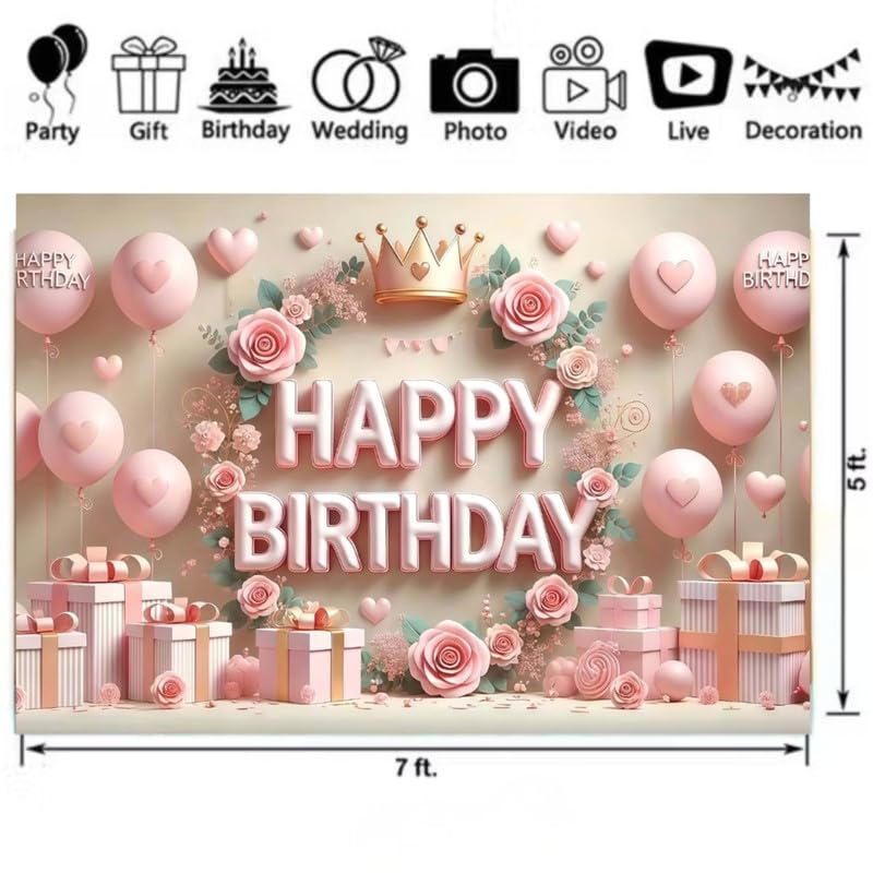 Image of Elegant Light Pink Happy Birthday Party Decoration Backdrop with Floral, Balloons, and Gift Accents (Pack of 1)