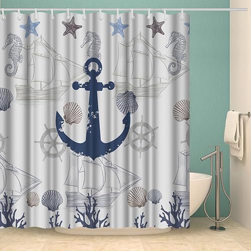 Miniatura 3 de Cortina de ducha con ancla náutica, barco, mar, océano, aventura, tema impreso, azul marino, impermeable, tela impermeable, juego de cortina de baño