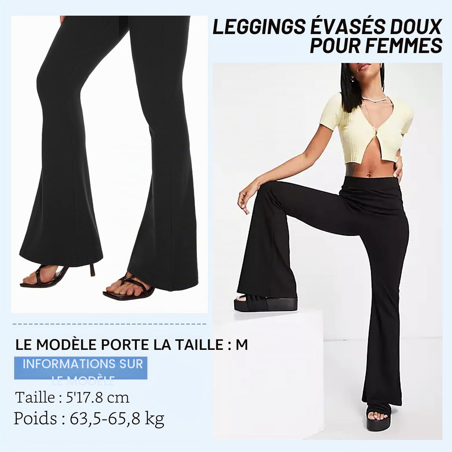 Sundwudu Leggings de yoga à pattes d'éléphant, ajustés aux cuisses et aux genoux, taille haute, doux et élégants pour femme, noir