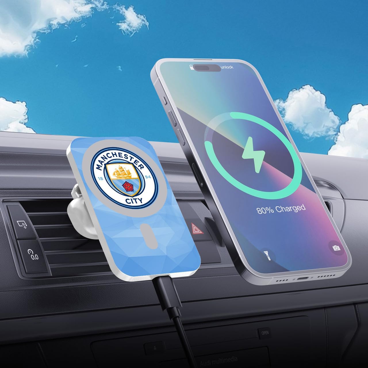 Head Case Designs Officially Licensed Manchester City Man City FC Blue Full Colour Logo Icon Magnetic Car Mount with Wireless Charger 15W Fast Charging Compatible with MagSafe iPhone and (White) image 2