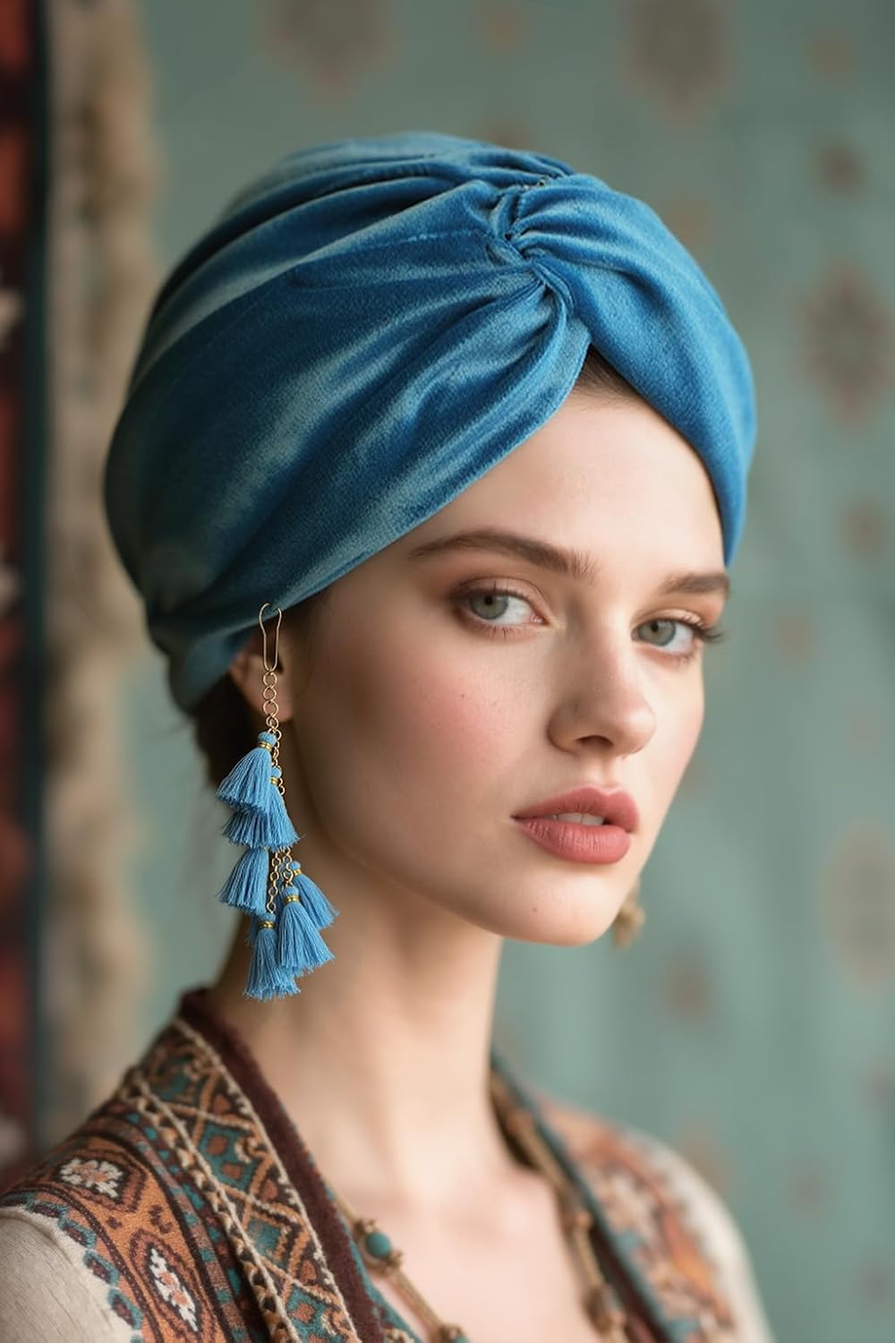Coucoland Velvet Tassel Turban Wrap - Vintage Headwrap Hat for Women Soft Twist Knot Hair Cover with Removable Fringe image 3