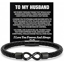 To My Husband Bracelet, Stainless Steel Engraved Love You Forever Black Braided Leather Promise Wristband Bracelets With Encouragement Message Card Anniversary Birthday Jewelry Gift