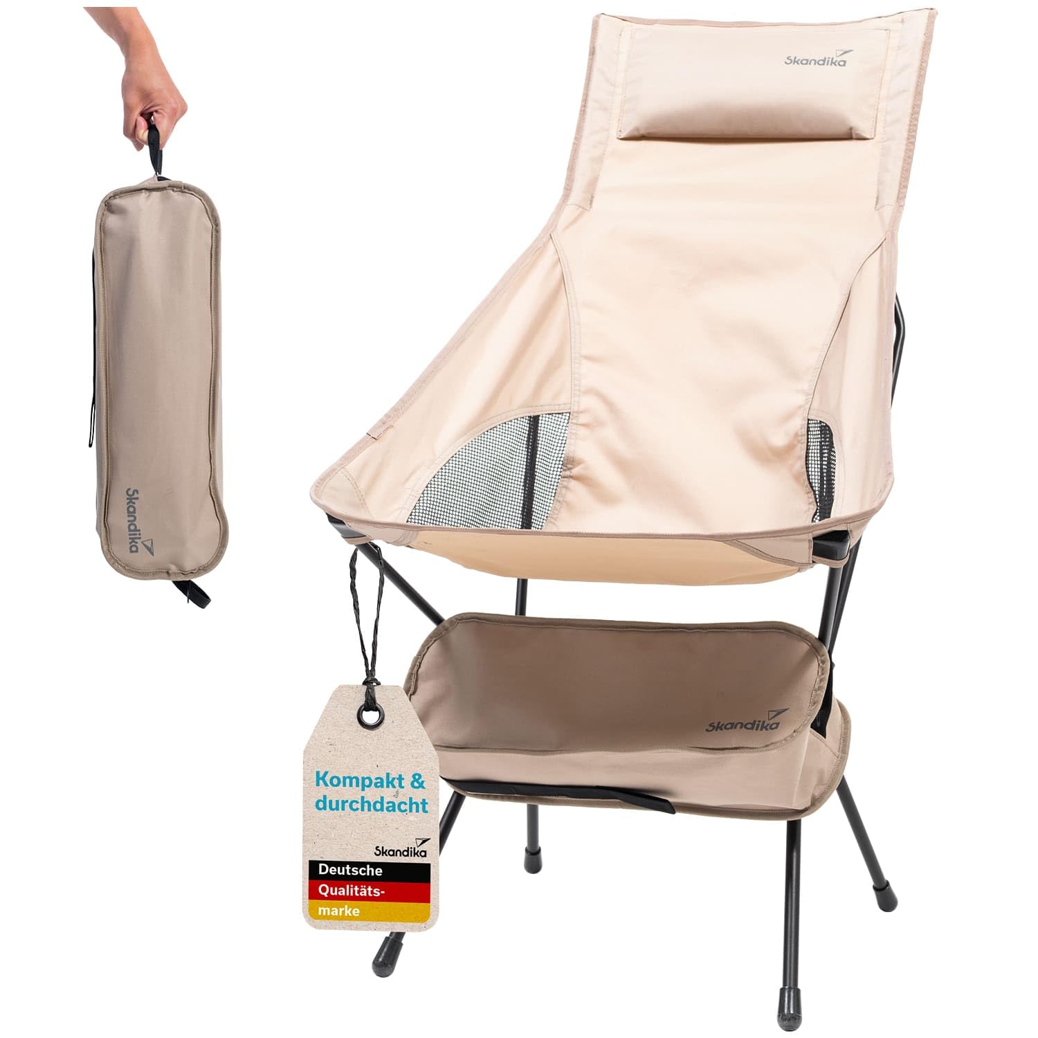 Skandika Campingstuhl Solig | Klappstuhl faltbar, bis 120 kg belastbar, Stahlrahmen, Rückenlehne gepolstert, Mesh-Einsätze | Campingstühle, Klappstühle, Stuhl für Camping, Outdoor, Balkon (Beige)