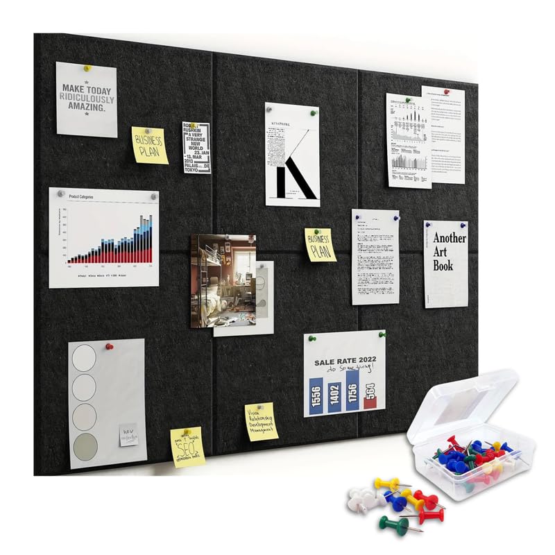 Image of Royalkart 6Pcs Rectangle Felt Bulletin Board Tiles for Wall - Black Self-Stick Notice Board with 30 Push Pins | Pin Board for Office, Study, Home Decor, Kids Room (30x21cm)