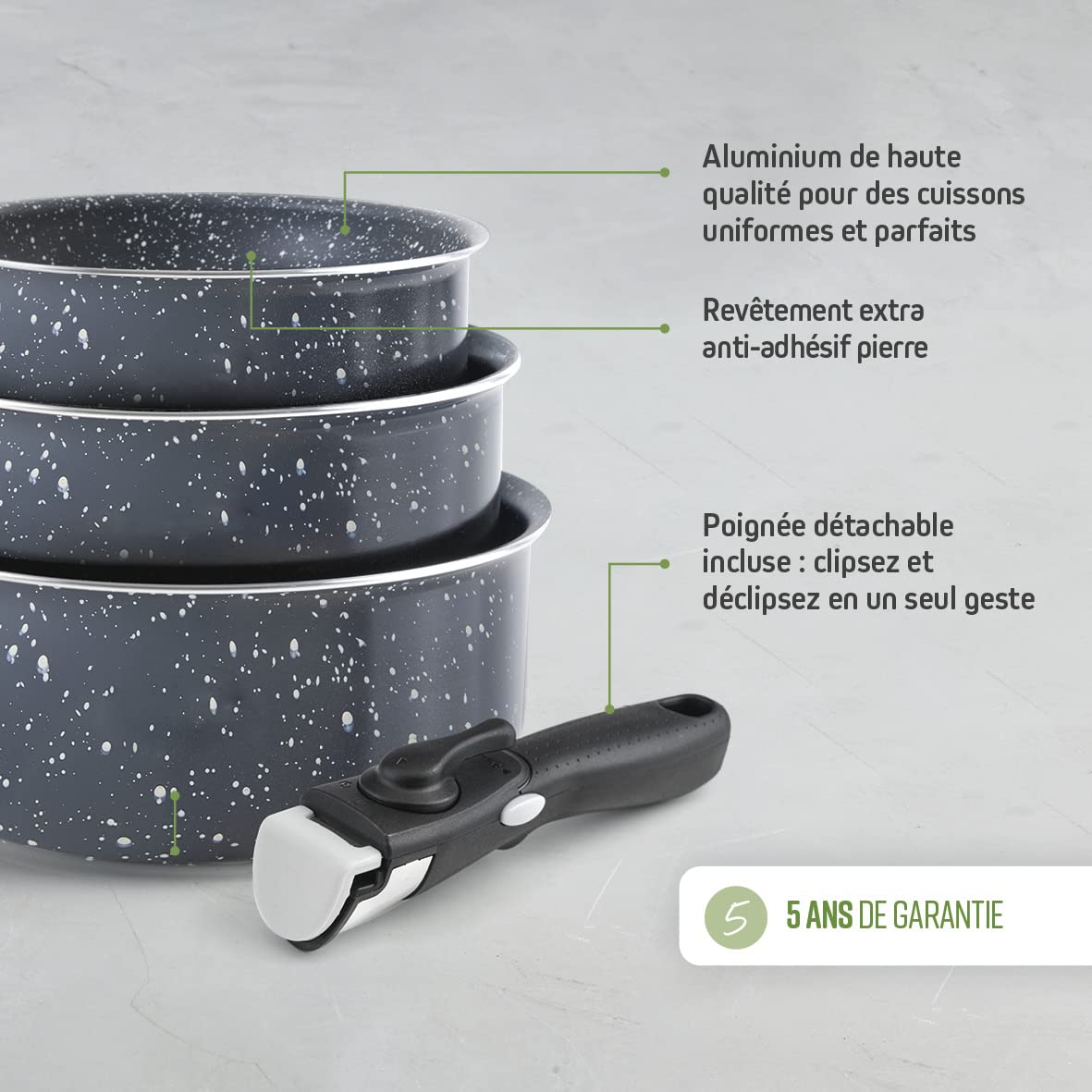 Qulinart by Brandt - Batterie de Cuisine en Aluminium Pressé - 3 Poêles 20, 24 et 28 cm + 3 Casseroles 16, 18 et 20 cm + 3 Couvercles + 1 Poignée Amovible - Noir