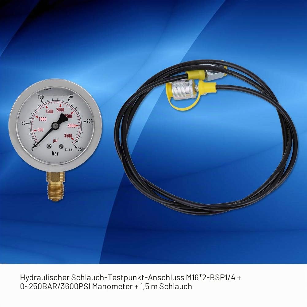 Hydraulisches Manometer, M16 * 2-BSP1 / 4 0~250BAR / 3600PSI Manometer-Kit Testpunkt-Kupplungsmanometer-Kit zum Prüfen des Hydraulikdrucks