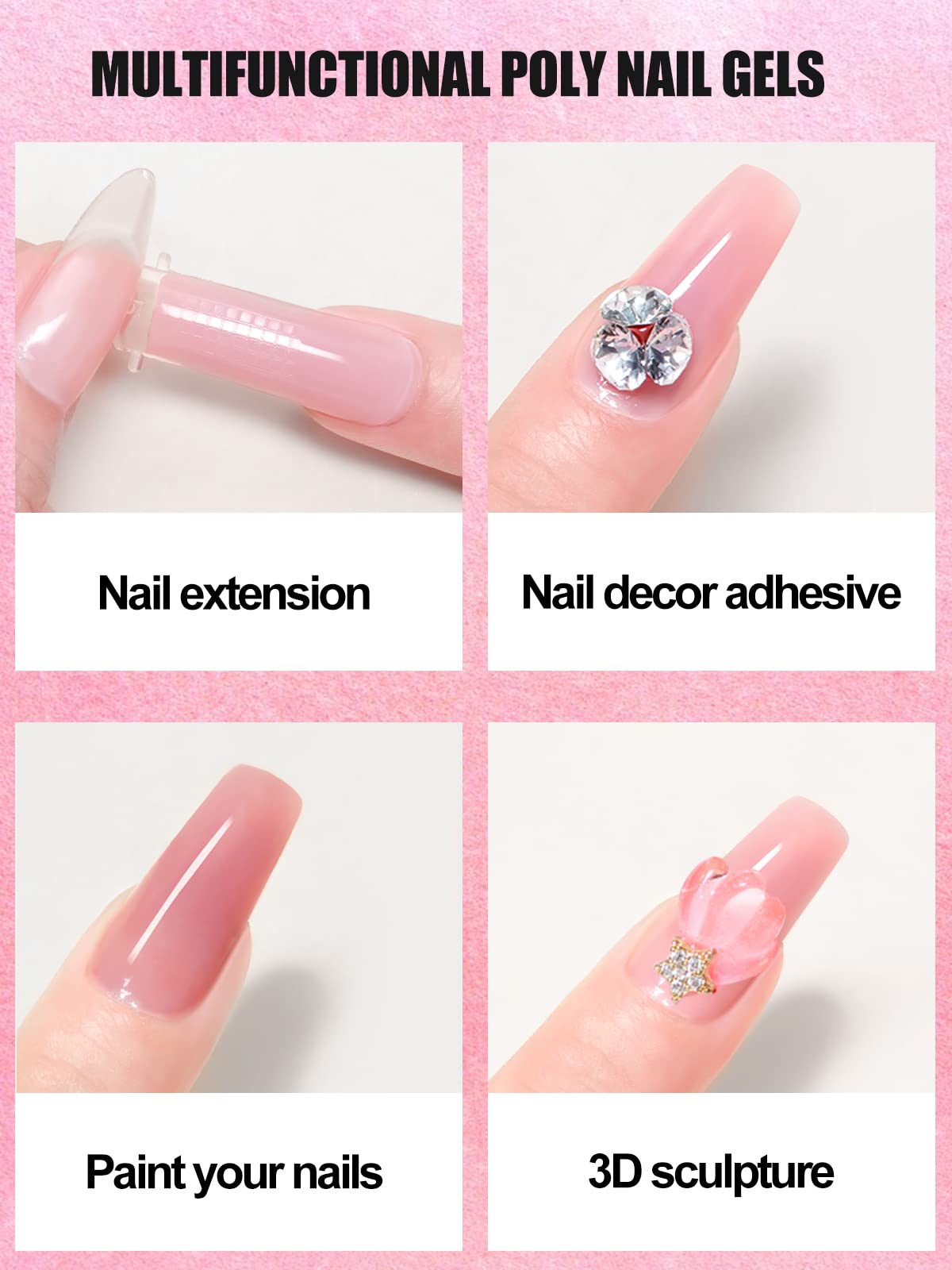 EBANKU Poly Nail Gel Kit, Clear and Light Pink Nail Extension Gel Builder Gel Kit with Lamp False Nail Tips Slip Solution, Complete Poly Gel Beginner Starter Kit for DIY Manicure Home Women Gift