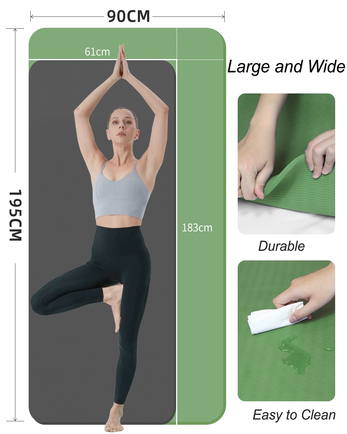 Yogamatte 195×90cm TPE Fitnessmatte Rutschfest Gymnastikmatte | 10mm Dicke, Große, Breit, für Turnen Pilates Sport Yoga