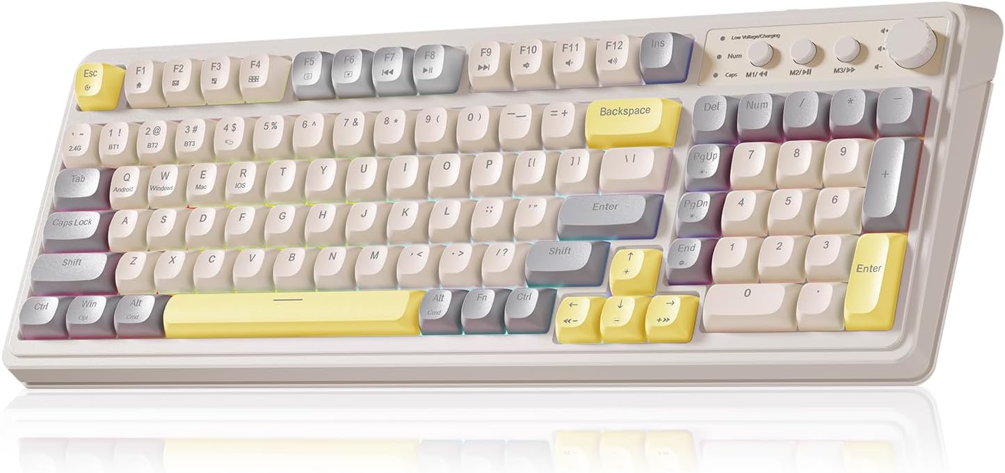 AULA S99 Gaming Keyboard, Ergonomic Computer Keyboards, Wireless Creamy Keyboard Full Size Cute Backlit Media Knob Programmable Tri-Mode Bluetooth/2.4GHz/USB-C Keyboard for PC Gamer - Grey & Yellow