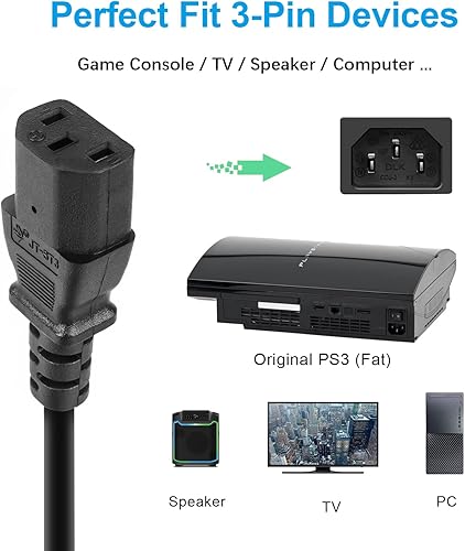 Miniatura 2 de Listado UL Cable de alimentación de 6 pies y 3 clavijas 18 AWG compatible con Sony PlayStation PS3 de primera generación (grasa), Xbox 360 de 1