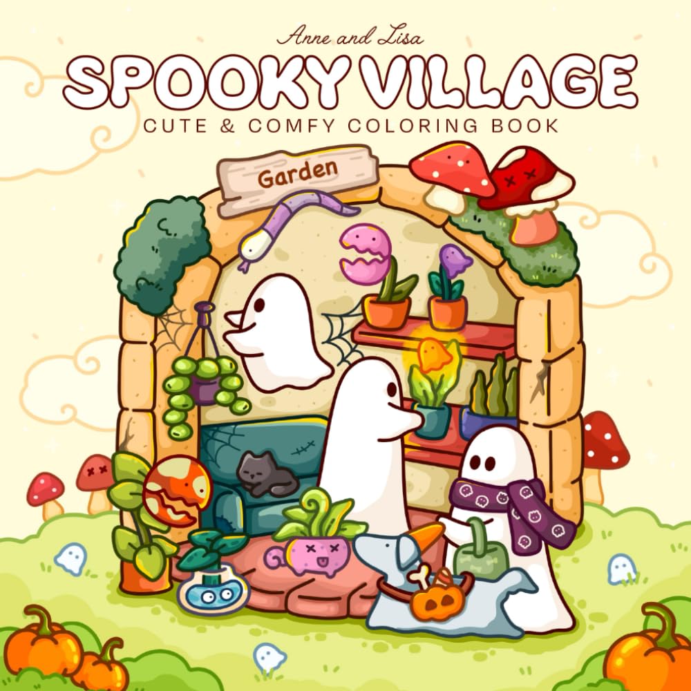 Spooky Village: Cute & Simple Coloring Book for Adults and Teens Featuring Adorable Characters, Creepy Creatures and Cozy Hygge Scenes for Relaxation