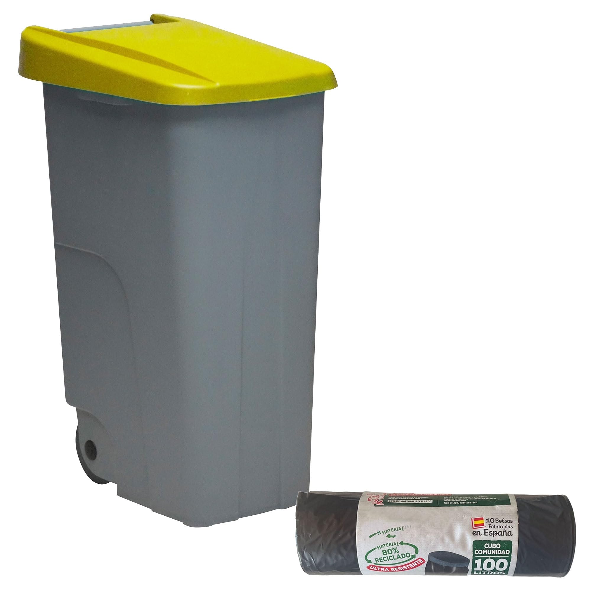 WELL HOME MOBILIARIO & DECORACIÓN Contenedor Cerrado 85L Amarillo H.76cm + Rollo 10 bolsas de basura 100L