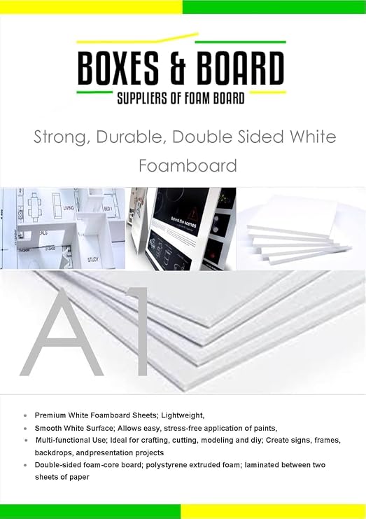 A1 White Foamboard – 5mm Thick x 5 Sheets (594mm x 841mm) – Lightweight Mounting Boards for Crafts, Displays, Signage, and Model Making