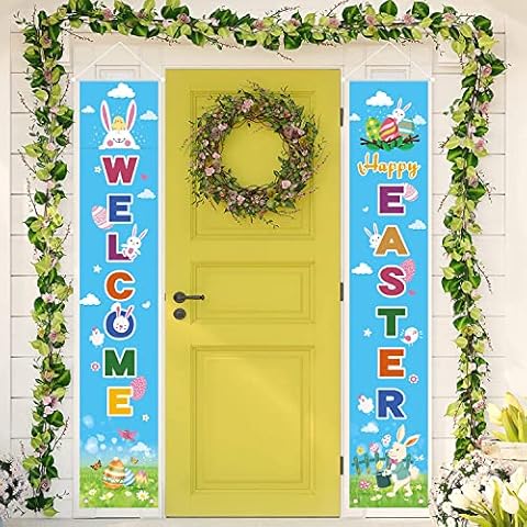 Easter Porch Sign, Happy Easter Door Decorations, Blue Easter Welcome Hanging Banners Bunny Egg Door Sign for Indoor Outdoor Easter Spring Home Party Wall Decoration(70.8x12.5inch) Cover