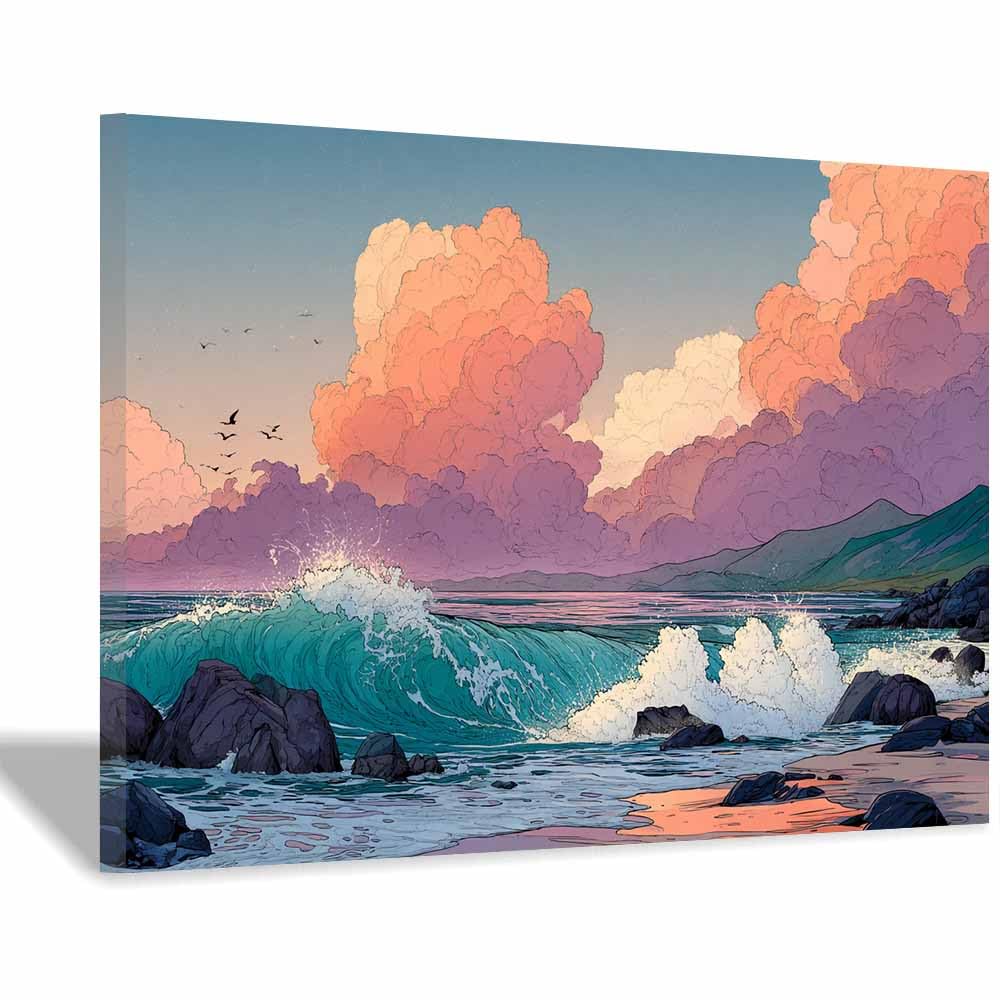 HOQIU Landscape wall art Colorful Sea Waves canvas art, art print, house decor, bedroom wall decor above bed, prints for living room.(Multicolor)-60x80cm Framed