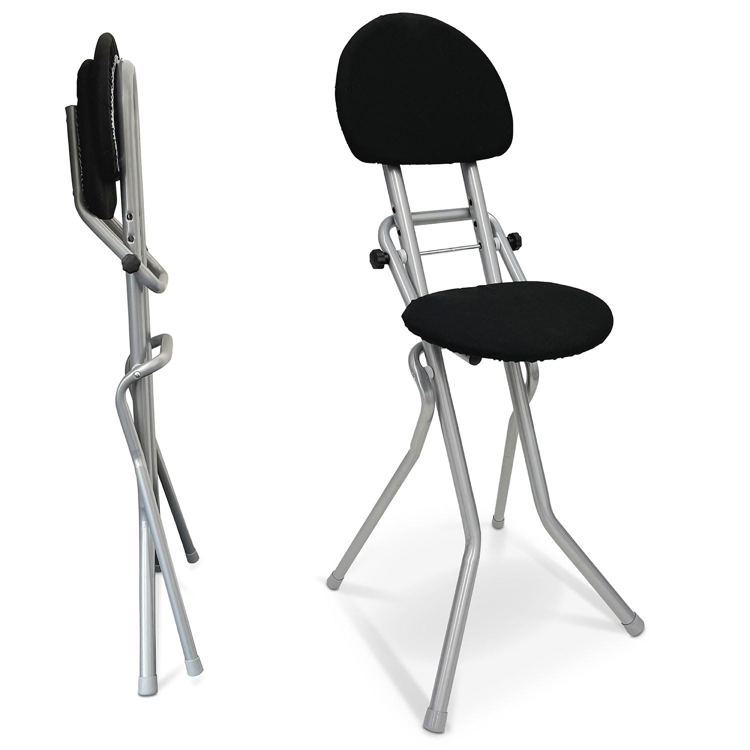 ELONEO Silla Plegable Acolchada - Antideslizante, Cuida la Espalda, Taburete Ahorra Espacio, 3 Alturas (58-65 cm), Carga Máxima 120 kg, 45 x 98 x 47 cm (Plateado)