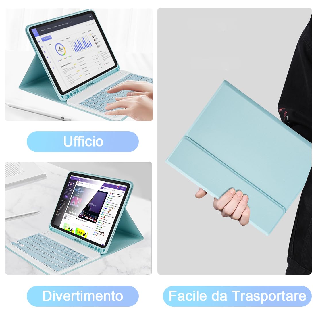 LAMA Custodia con Tastiera per iPad 11th A16 11" 2025, iPad 10th Gen 10.9" 2022, Custodia Protettiva Sottile con Tastiera Bluetooth Wireless Staccabile e Portapenne Blu