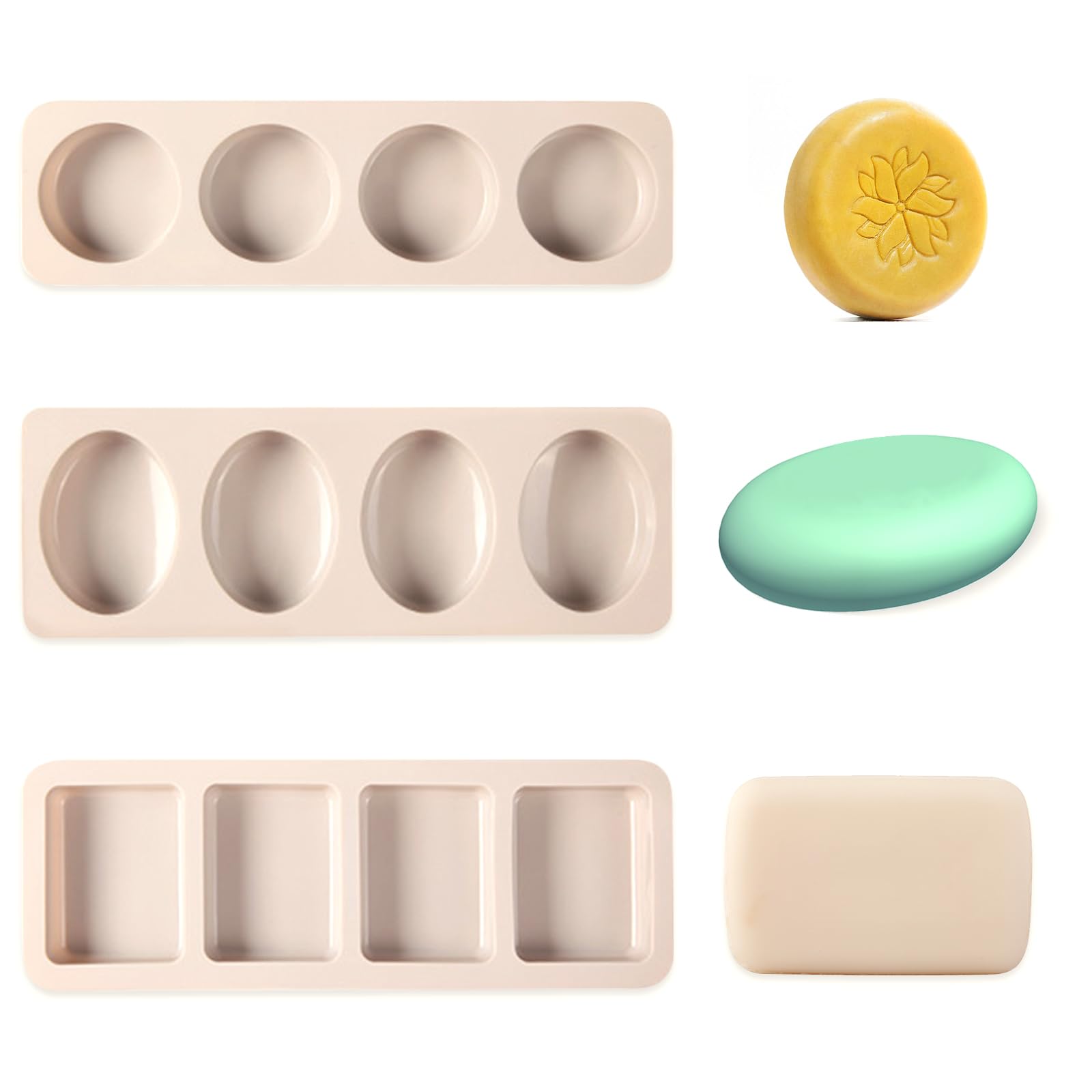 Silicone Soap Moulds, 3 PCS 4-Cavities Rectangle Oval Round Silicone Baking molds for Making Soap Bar Chocolate Resin Jelly DIY Homemade Crafts