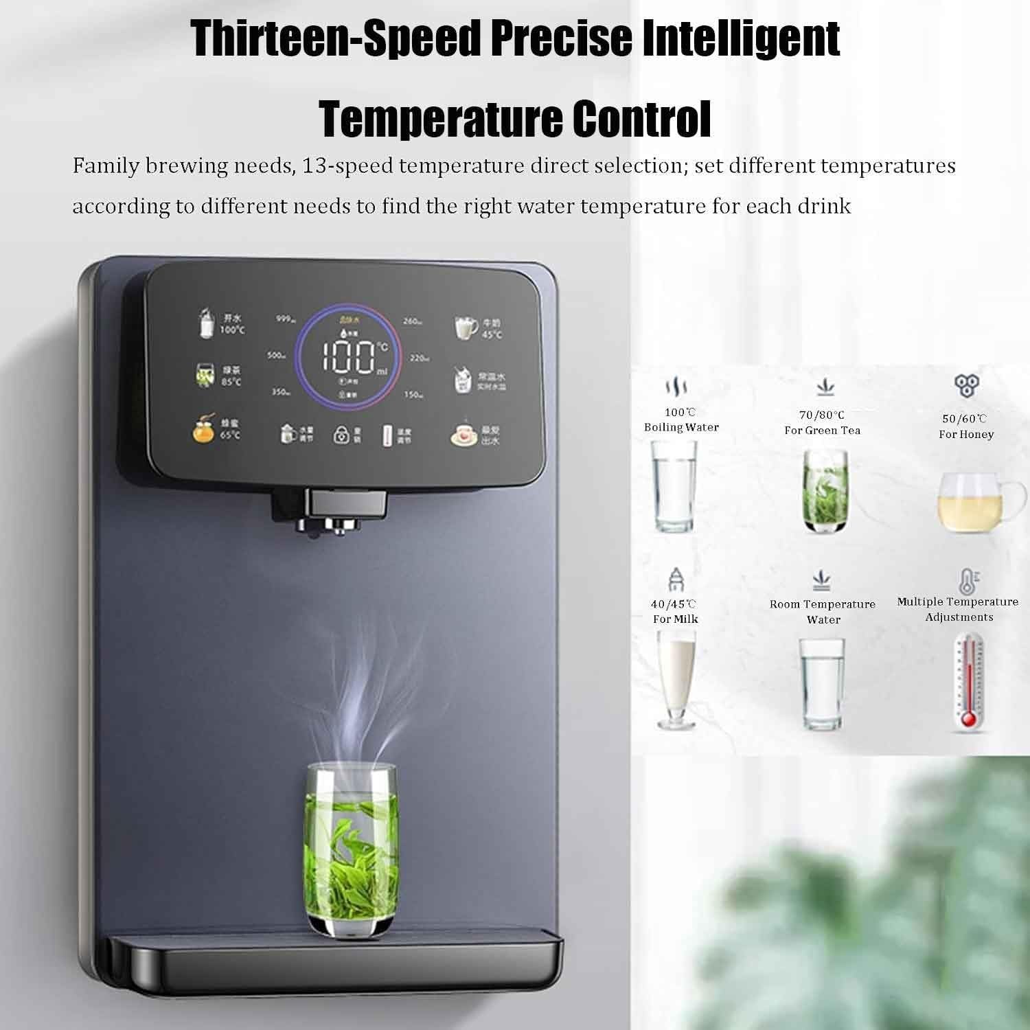 Dispensador de agua caliente, montaje en pared, calentamiento rápido de 2200 W, bloqueo electrónico para niños, tubo de calefacción de acero inoxidable integrado, 13 ajustes de temperatura