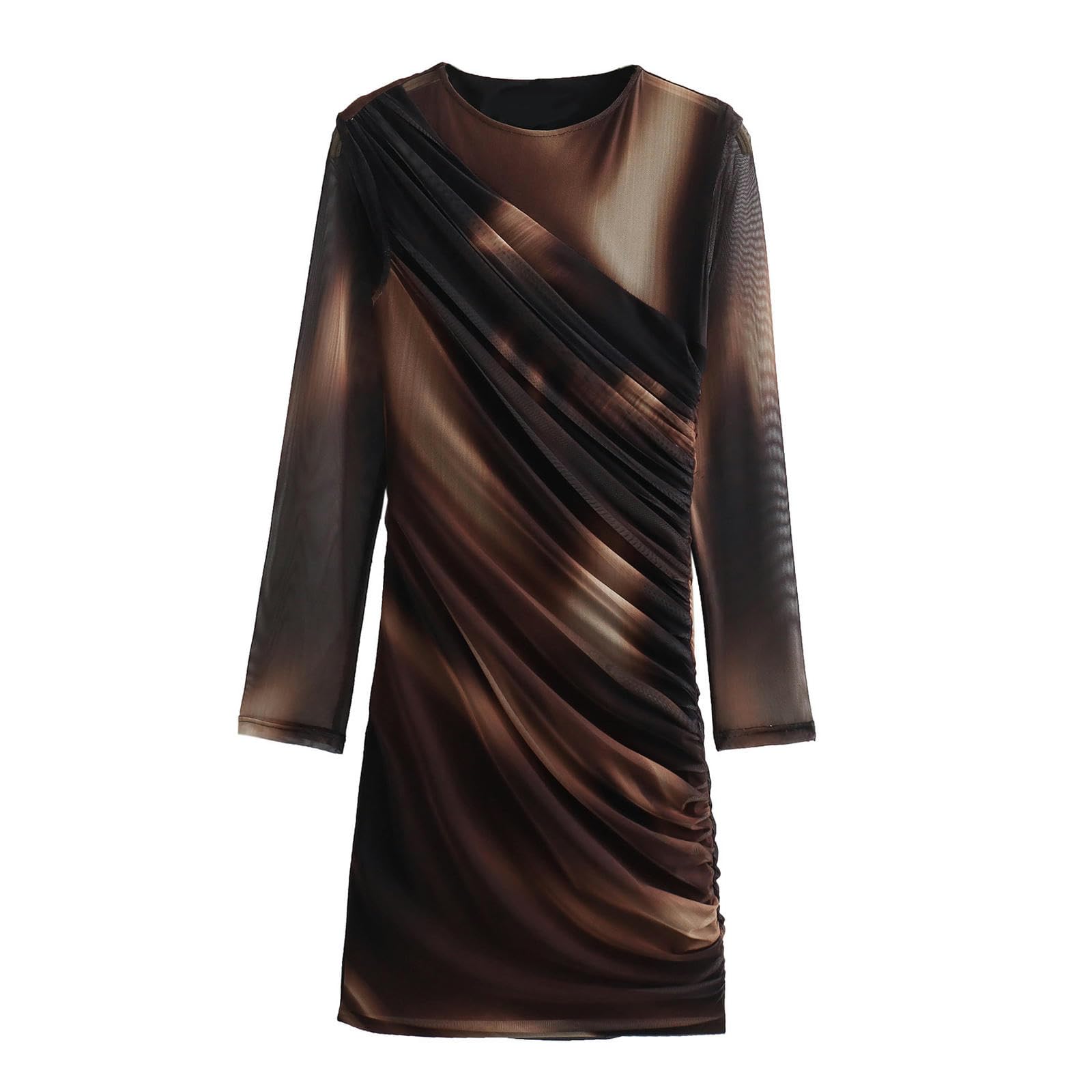 Robe plissée en maille imprimée à col rond et manches longues Design-S pour femme