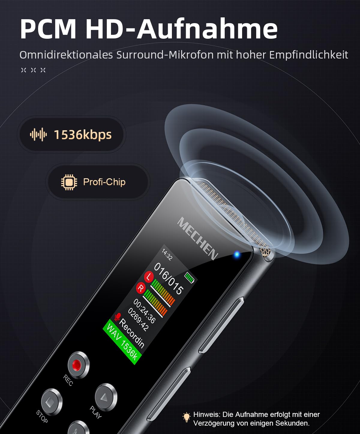 MECHEN 128GB Digitale Diktiergerät, One-Touch-Aufnahme, Sprachsteuerung, 1536kbps Tragbares Voice Recorder, USB C, für Interviews/Klassen/Meeting (128, GB)