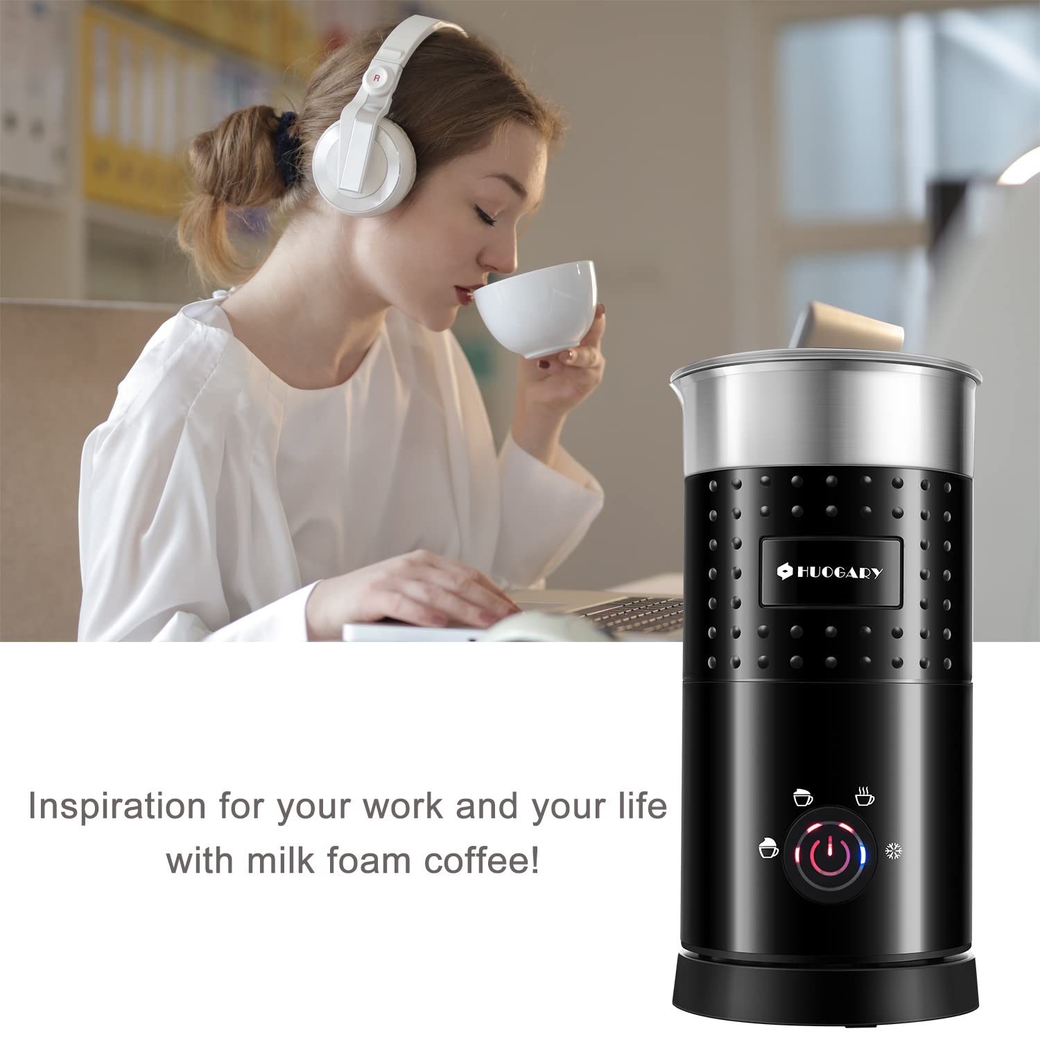 Huogary - Espumador eléctrico de leche y vaporizador automático 4 en 1, vaporizador automático de leche, 300 ml/10 oz para hacer espuma caliente y fría y calentador de leche para latte, capuchino,