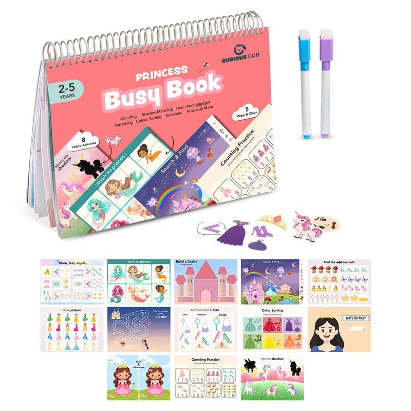 Image of Curious Cub Montessori Princess Busy Book | Toddler Busy Binder for 2-5 Years | Activity Book with Counting, Colour Sorting, & Wipe-Clean Pages | Learning Books for 2+ Year Old