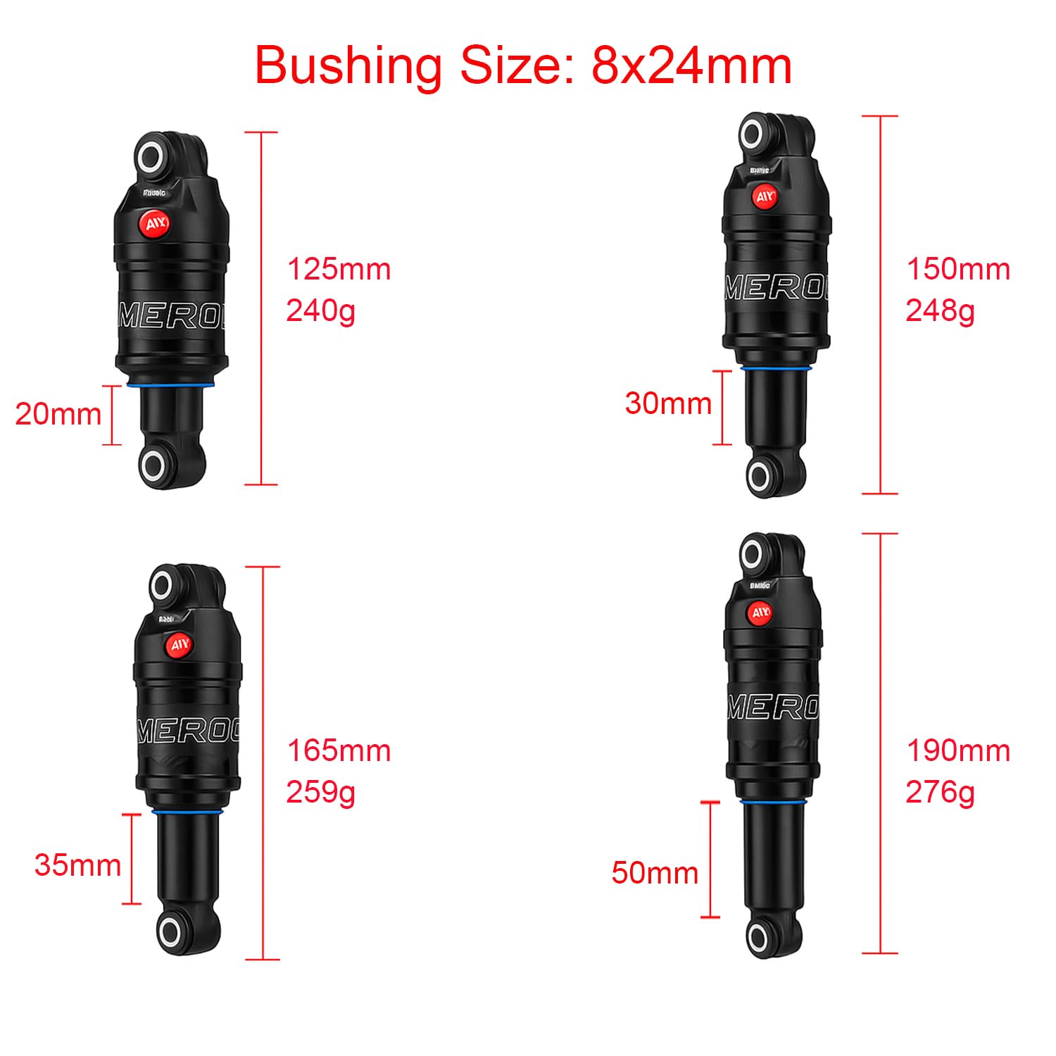 Bike Rear Shock, Mountain Bike Air Pressure Shock Absorber, 125mm/150mm/165mm/190mm Rear Air Shock for Folding Bike E-bike MTB (190 * 50mm)