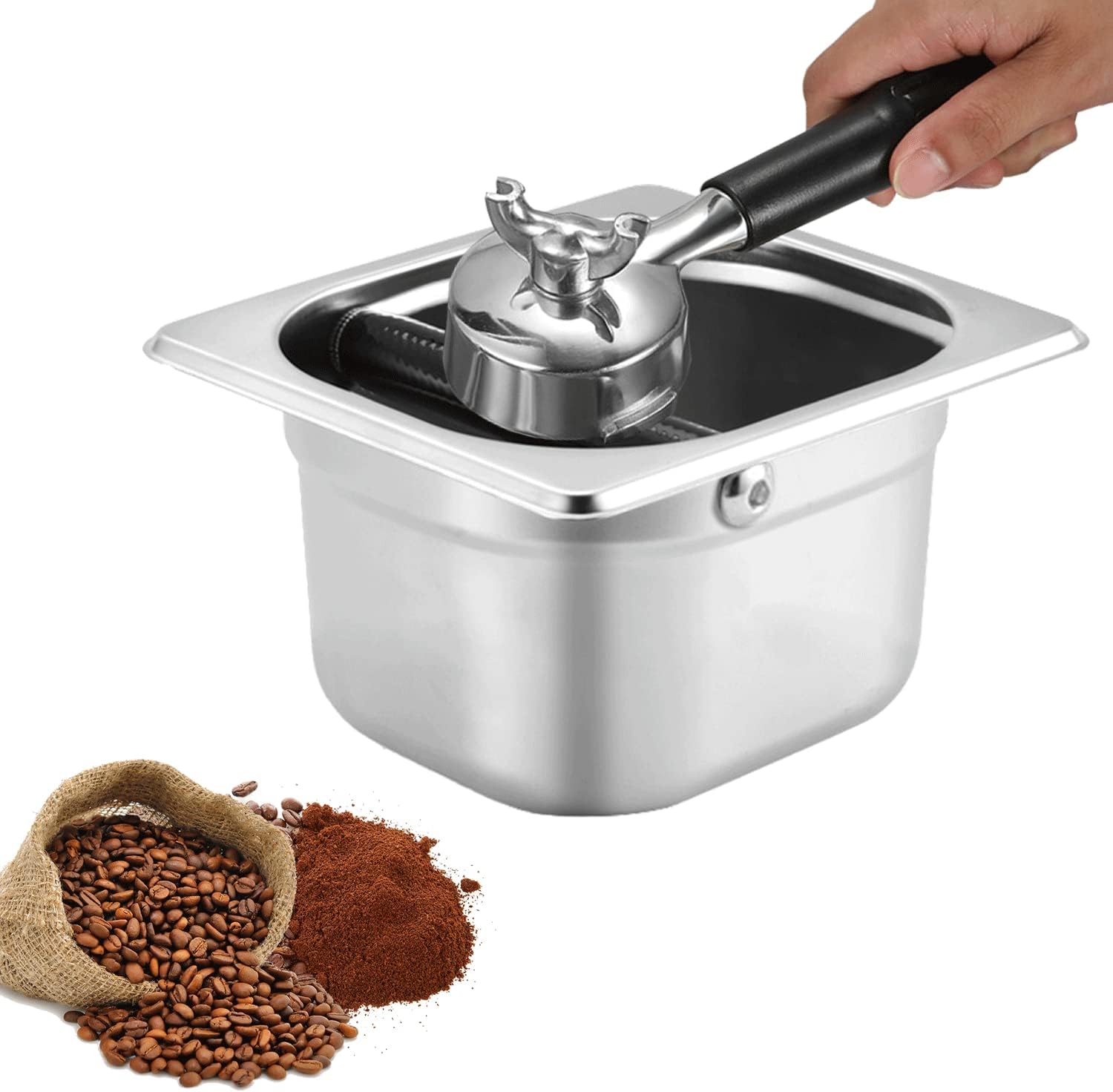 Stainless Steel Espresso Knock Box with Rubber Bar for Storing Underneath Most Espresso Machines