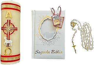 Set Para Confirmación: Vela con Cruz Roja (8" x 3"), Biblia Dorada en Espanol (6.5" x 4.5"), Escapulario Tejido de Hilo y Rosario de Cristal Dorado