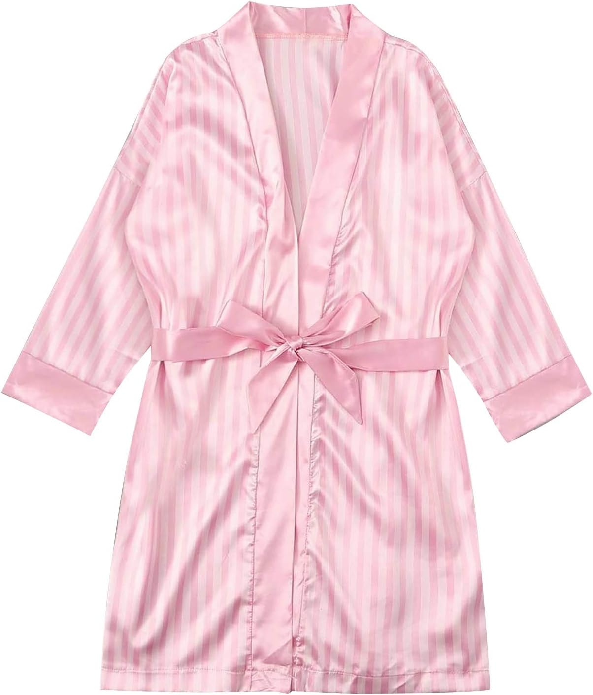 Fhuuly Women's Stripe Midd-Long Satin Sleepwear Robe Super Soft Bathrobe Spring and Summer Thin Loungewear Dressing Gown (Light Pink,M)