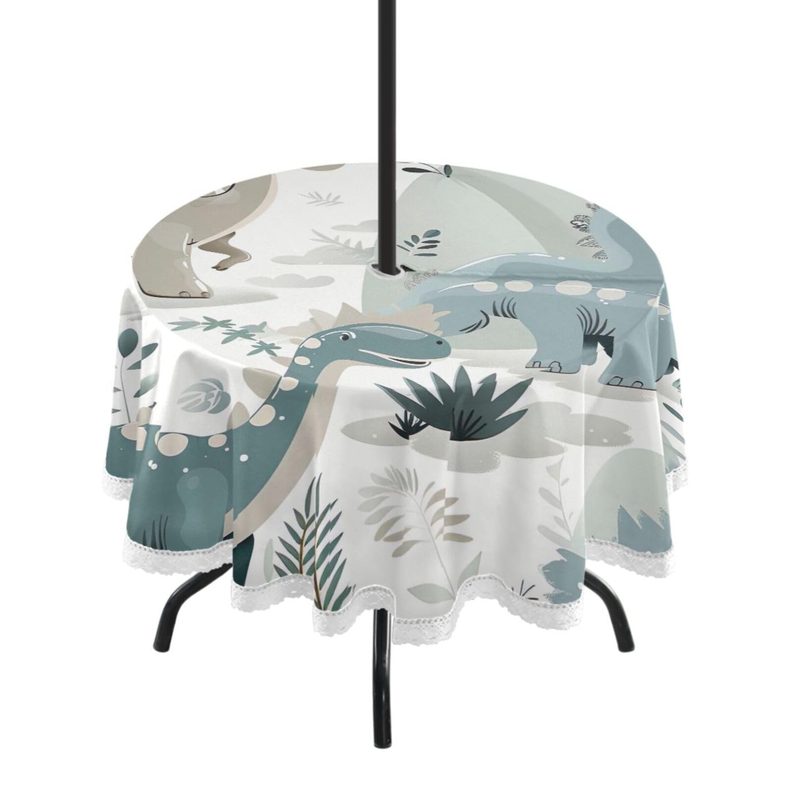 Wajiw 60 Inch Indoor Outdoor Round Tablecloth with Umbrella Hole and Zipper Waterproof Patio Table Cover for Camping Dining Room Party Outdoor Picnic,Dinosaur