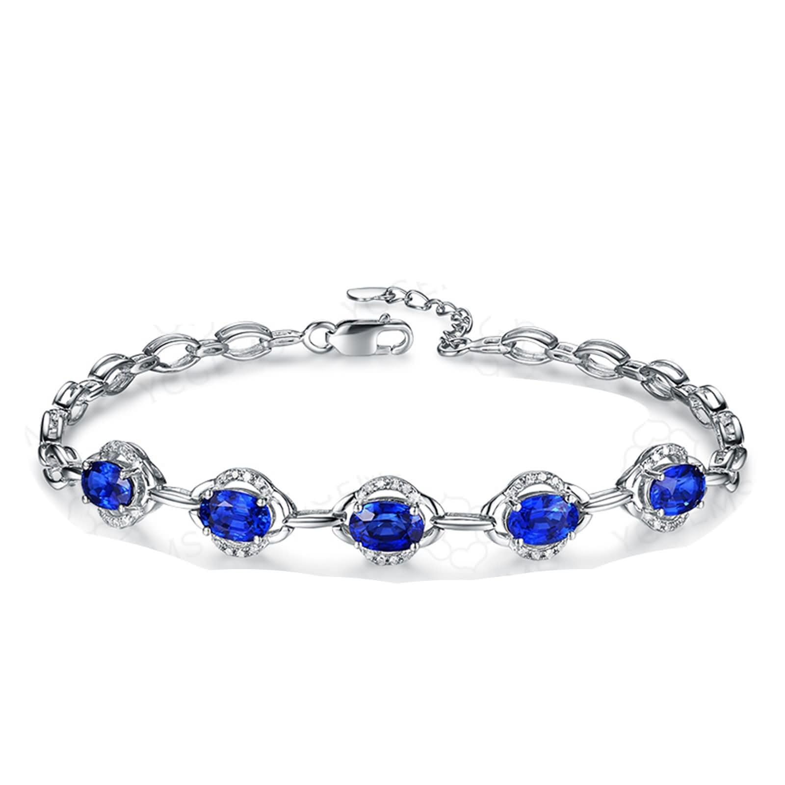 Pulsera de Mujer Oro Blanco 9Kilates / 14Kilates / 18Kilates, Oval con Zafiro y Diamante, Cadena Extensible 16 CM + 5 CM, Pulseras de Plata Azul de Mujer Ajustable