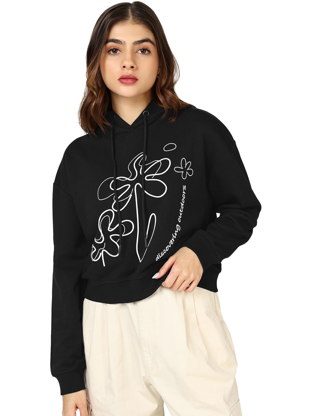 bewakoof Women's Graphic Print Oversized Fit Full Sleeve Hooded Terry Crop Hoodies-picture-43