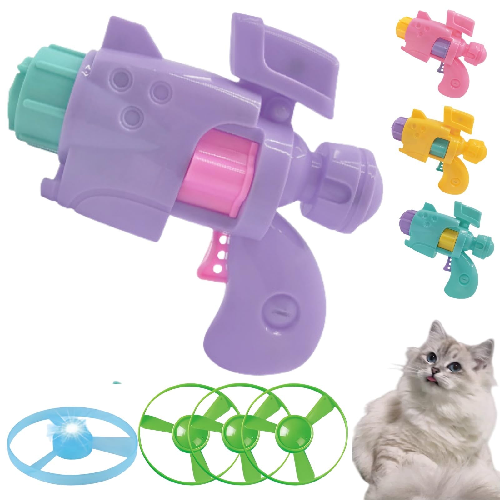 Light-Up Flying Disc Cat Launcher Set, Cat Fetch Toy with Colorful Flying Propellers Set, Flying Disc Launcher Toy, Includes 3 Discs 1 Luminous Toys (Purple)