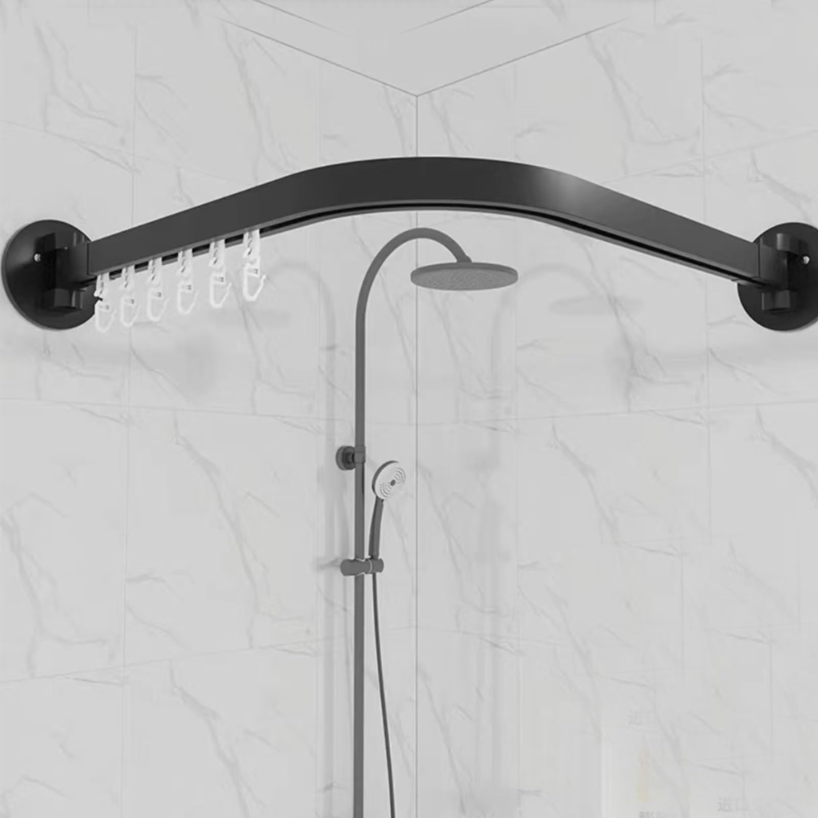 Barra de cortina de ducha de esquina ajustable de 55 a 130 cm, barra curvada con soporte de techo y anillos para bañeras, color negro, perfecto para decoración de baño