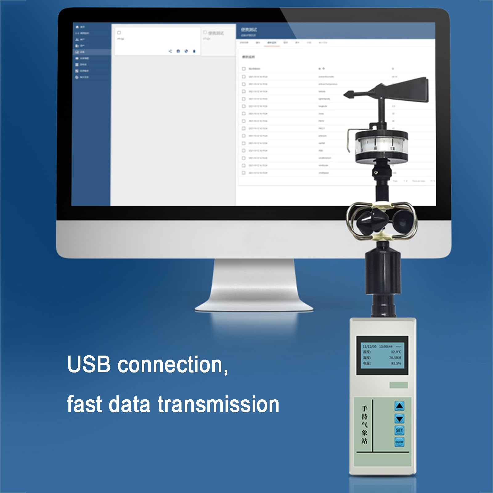 Przenośny anemometr, stacja meteorologiczna dla prędkości i kierunku wiatru, z wyświetlaczem LCD i 16-pozycyjnym banderolem, wyjściem danych USB, do meteorologii