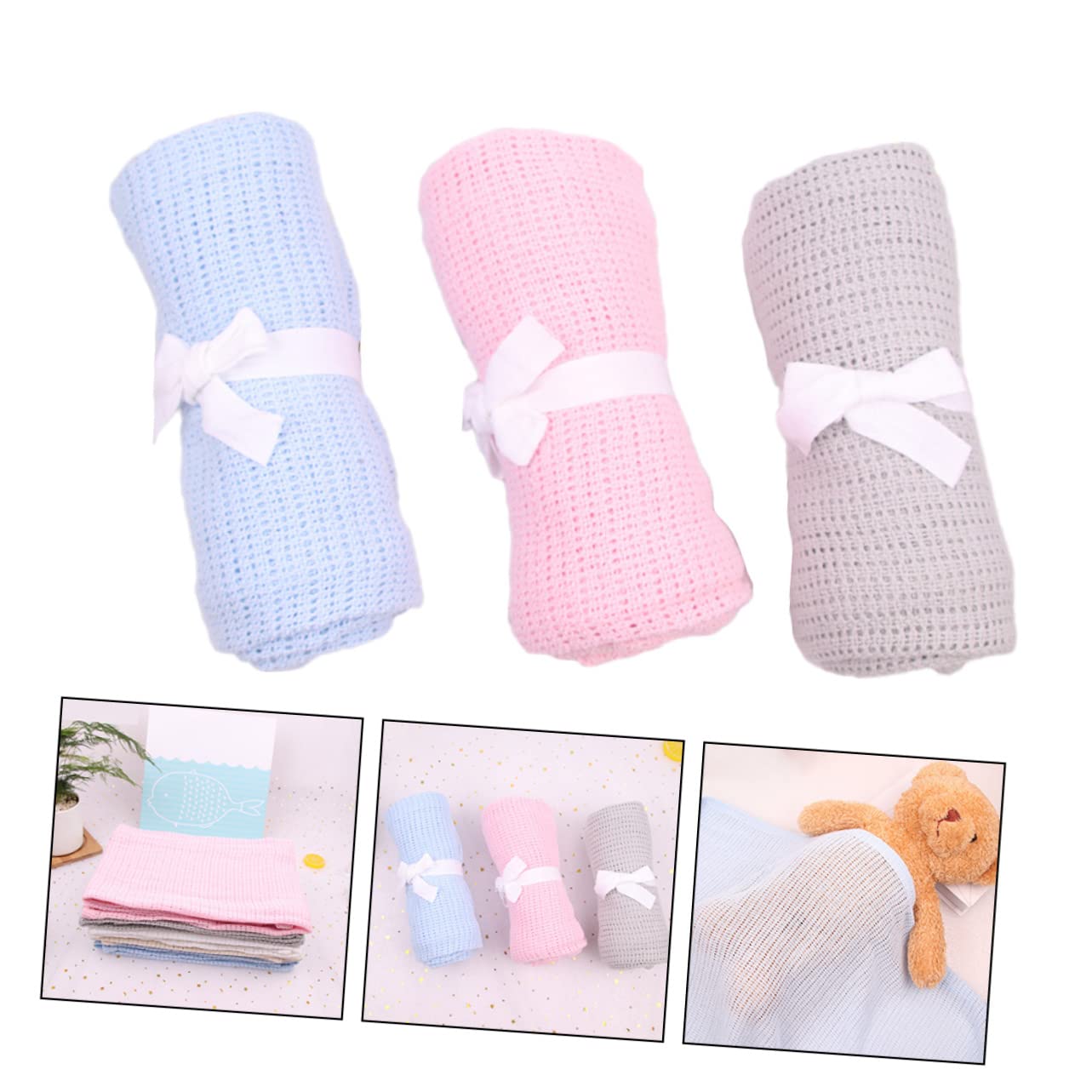 UKCOCO 3piezas Manta Algodón Manta de Recepción para Envolver Azul Claro Rosa y Gris para Bebe Recien Nacido Niño