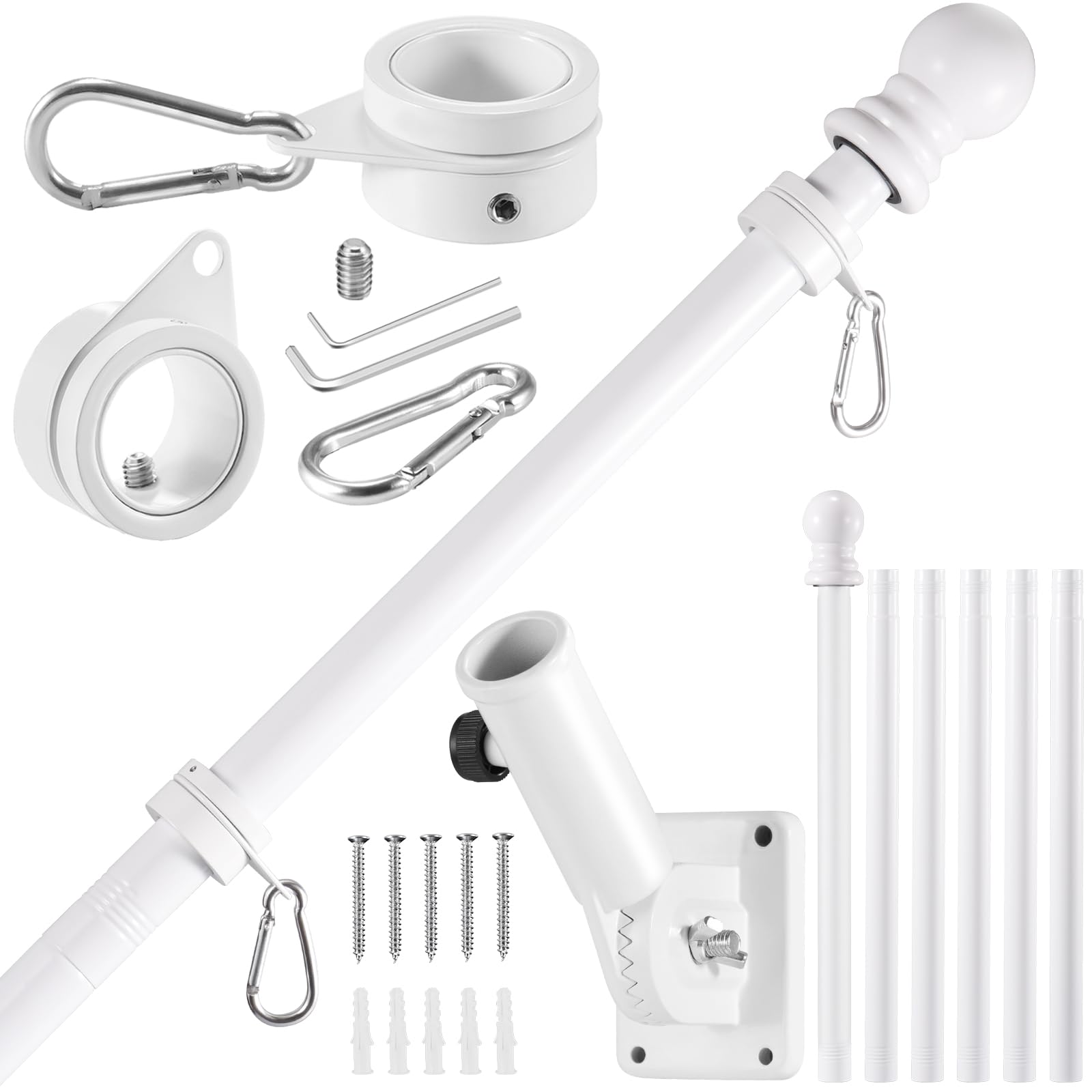 BONWIN White Flagpole Kits, 7 FT Thickened Stainless Steel House Porch Wall Flag Pole Kit for 3x5'/4x6' Flag, 1" Anti-Wrap Spinning Flag Pole Ring Clips & 180° Adjustable Multi-Position Bracket Holder