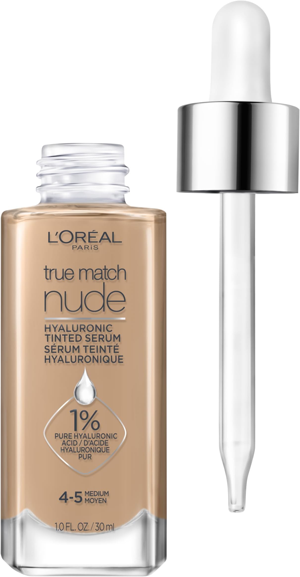 L'Oreal Paris True Match Nude Hyaluronic Tinted Serum Foundation with 1% Hyaluronic acid, Medium 4-5, 1 fl. oz.