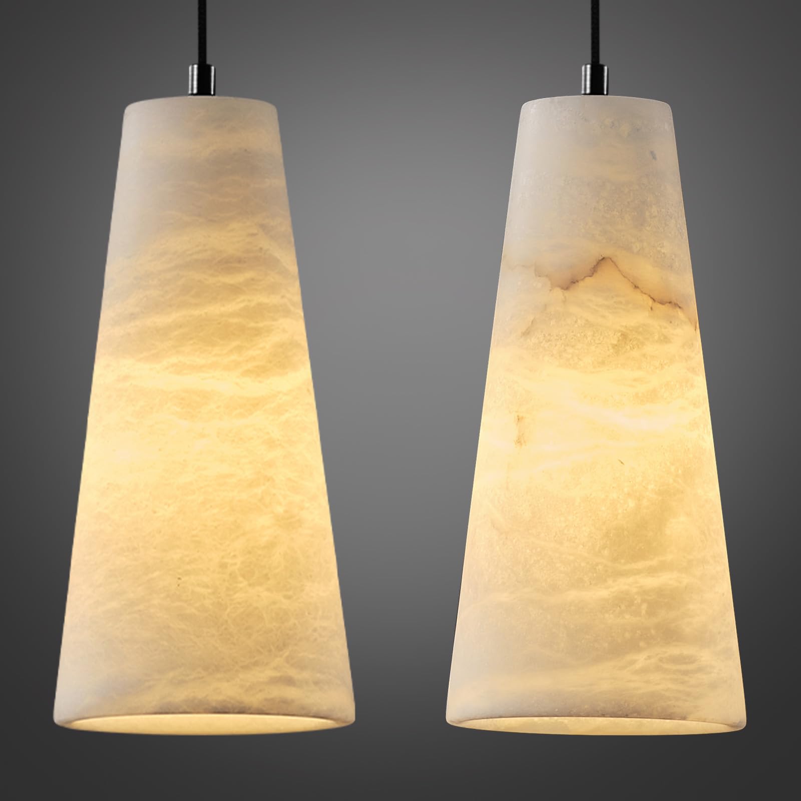 Alabaster Pendant Lights Kitchen Island 2 Pack, H-10in White Pendant Light Fixtures, Marble Conical Shade Black, Light Pendant for Bedroom Bathroom