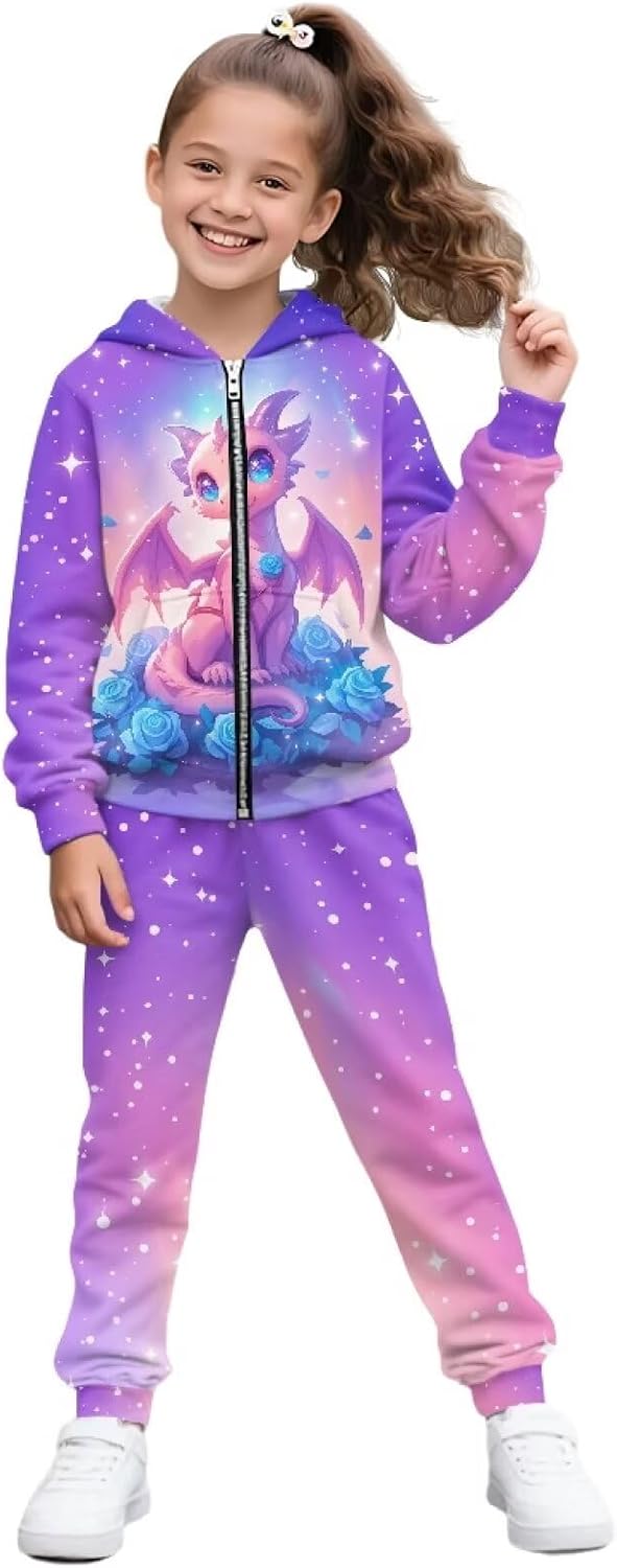 Clothing Set 2 Piece Girls Zip up Hoodie Tracksuit Pant Sets with Pockets