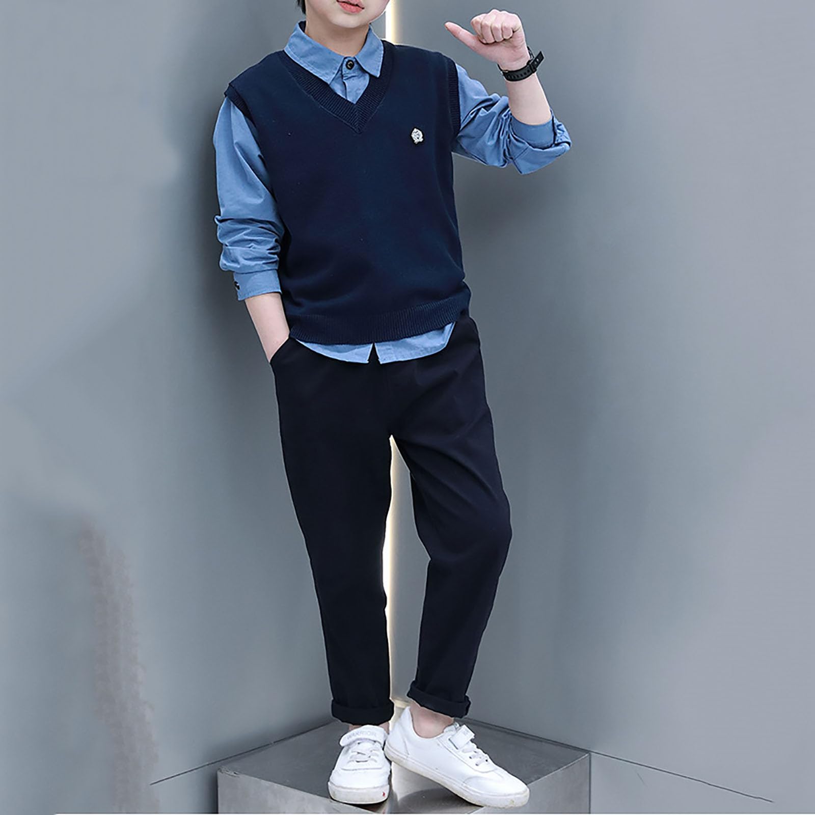 Generico Completo Elegante Bambino Camicia Maniche Lunghe Gilet Stile College Tre Pezzi Primavera Autunno 3-15 Anni per Scuola Festa