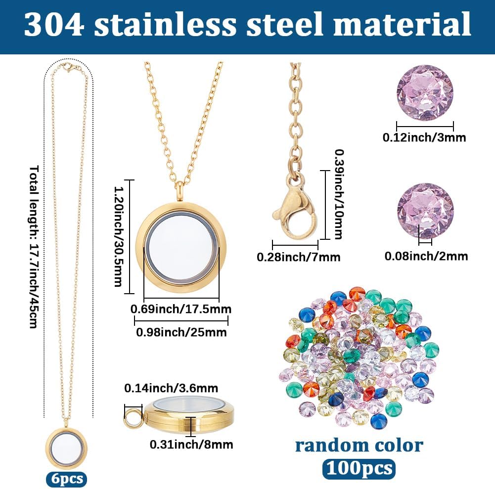 1 Box Stainless Steel 6Pcs Round Memory Locket Floating Memory Glass Necklace Chain Cubic Zirconia Cabochons Polished Keepsake Living Locket Necklace for Pendant Women Friendship Decoration