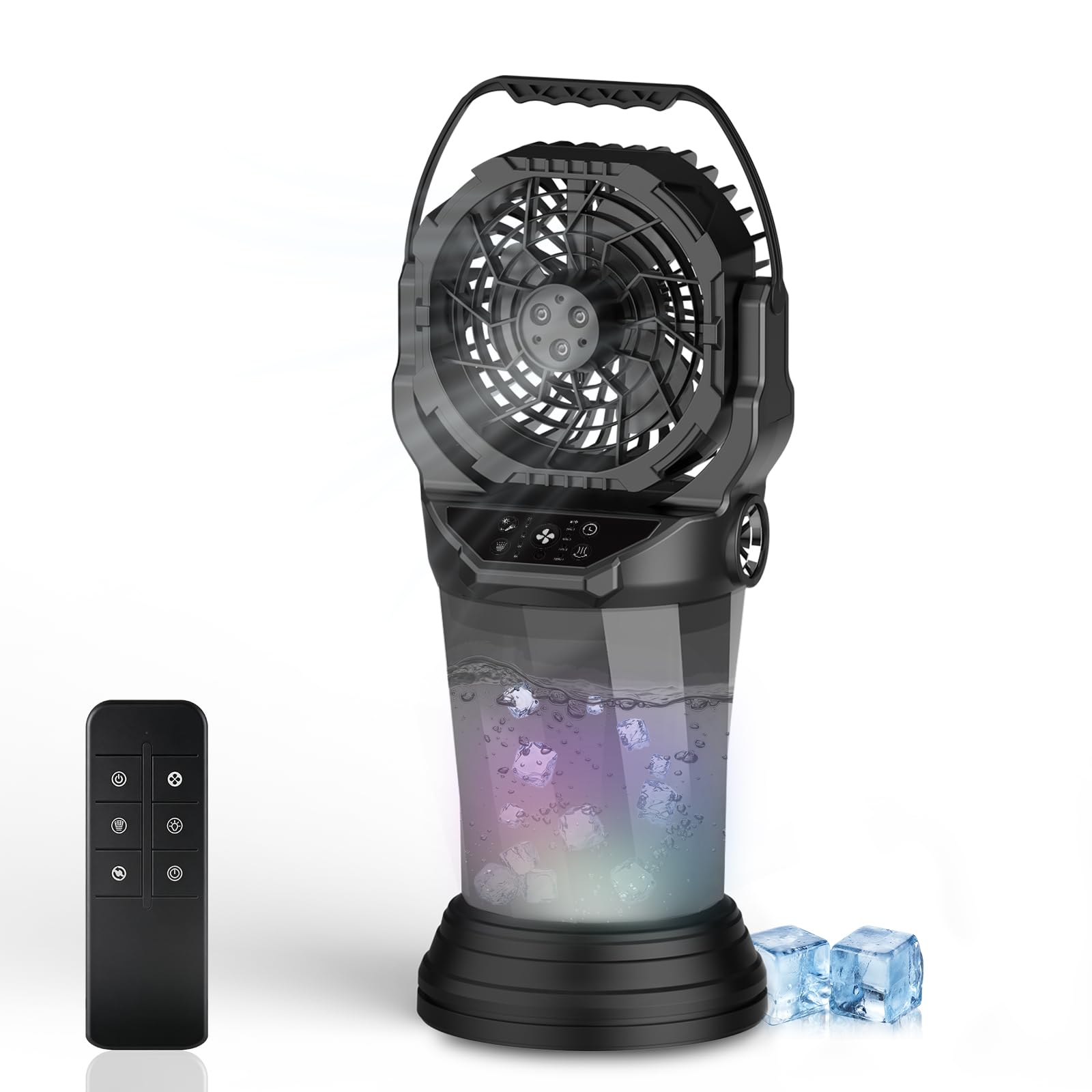 GHORA Portable Misting Fan,25000mAh Rechargeable Battery Operated Fan for Outside Patios, 60H Runtime Oscillating Mist Fan with Remote, 2L Water Tank & RGB for Camping, Beach
