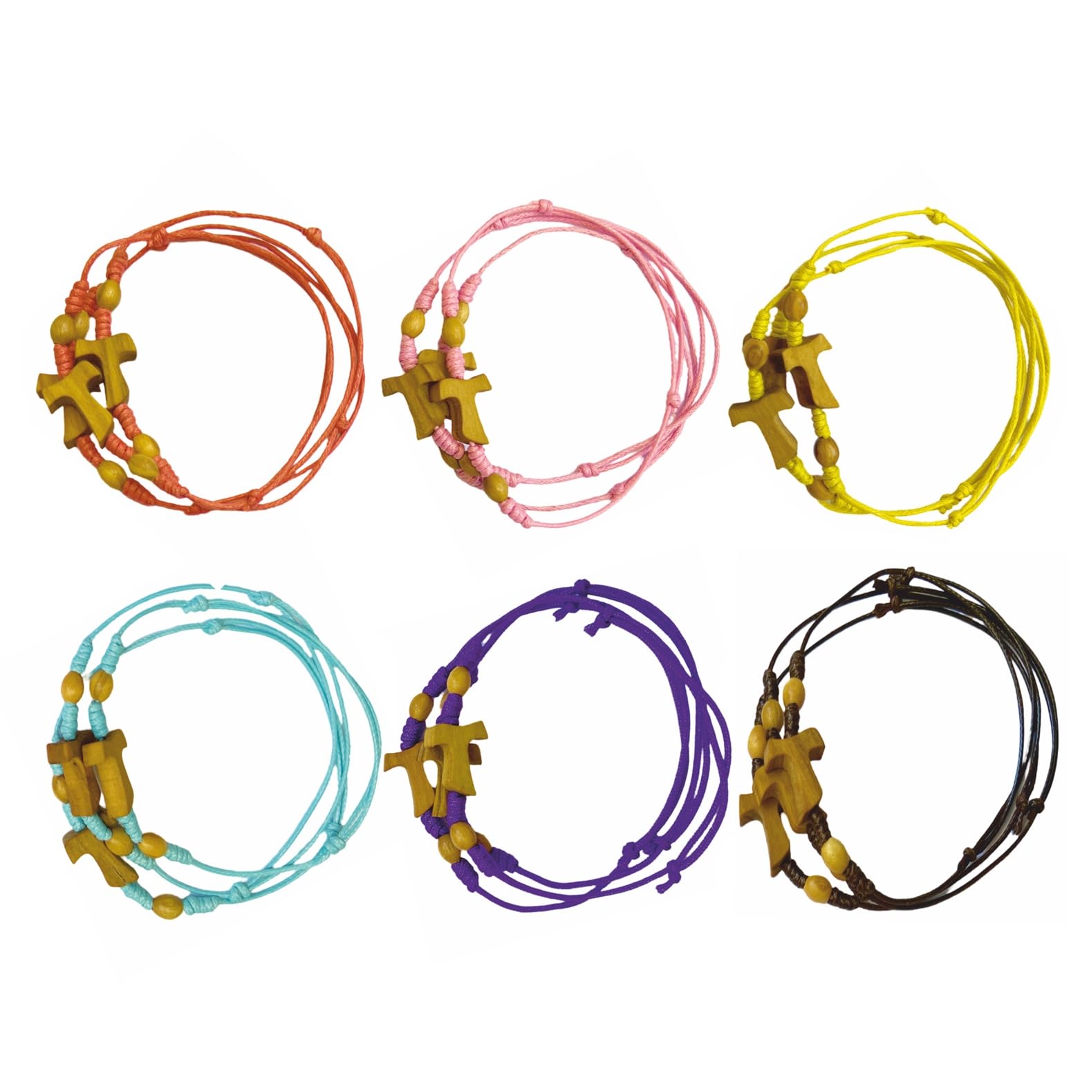 Generico Luna 30 BRACCIALI Regolabili con Tau in ULIVO E Palline 6 Colori Assortiti Fabbricate nella Patria di San Francesco (BOMBONIERE)