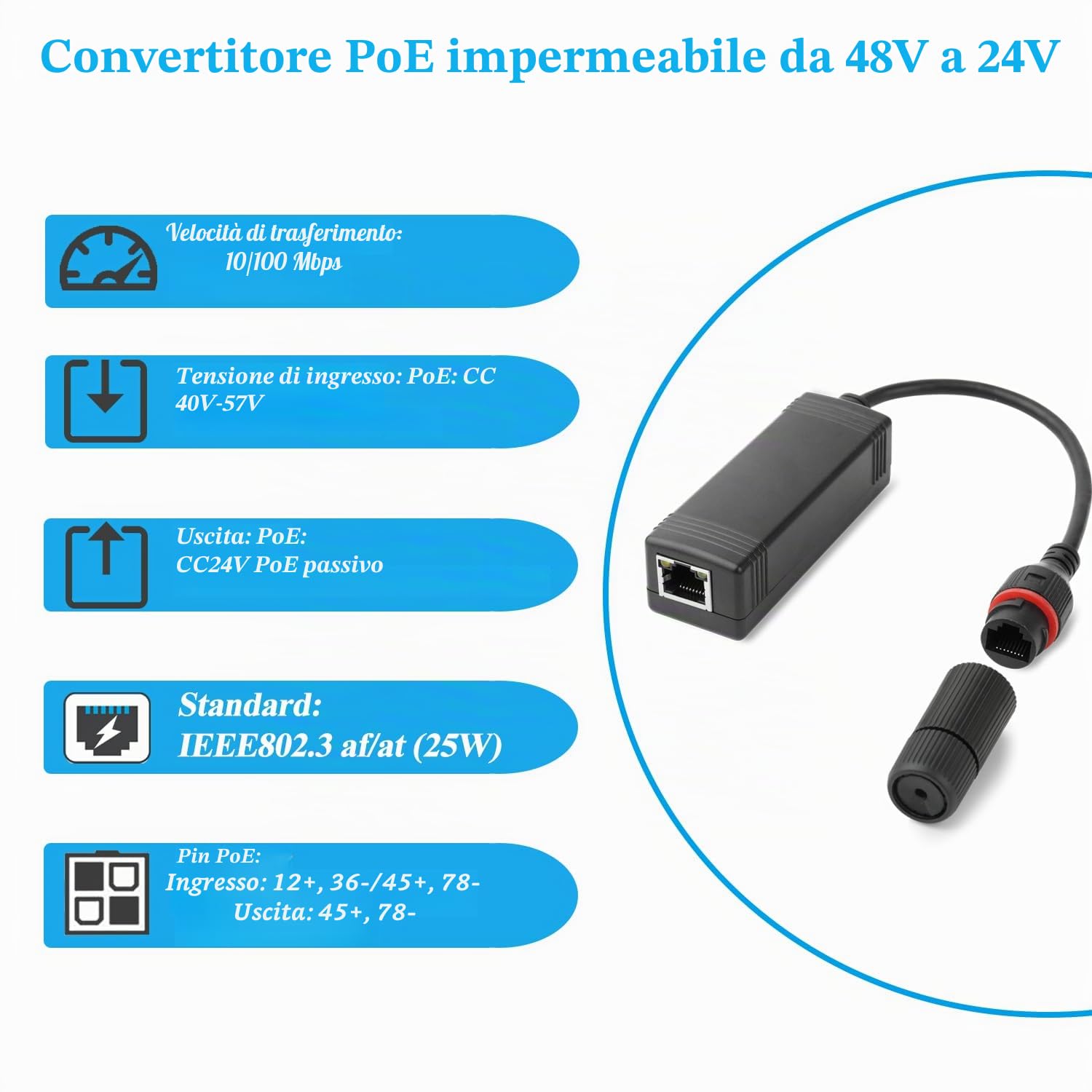 Convertitore PoE impermeabile 48 V a 24 V, uscita 24 V, 25 W max, IEEE802.3 af/at, adattatore PD3002