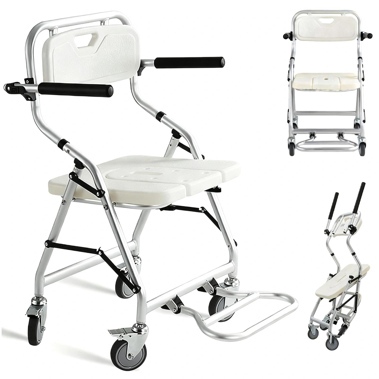Silla de Ducha con Ruedas, Taburete de Ducha Plegable para Personas Mayores | Silla de Baño Ducha con Reposabrazos y Respaldo para Discapacitados y Mujeres Embarazadas, Carga 120kg
